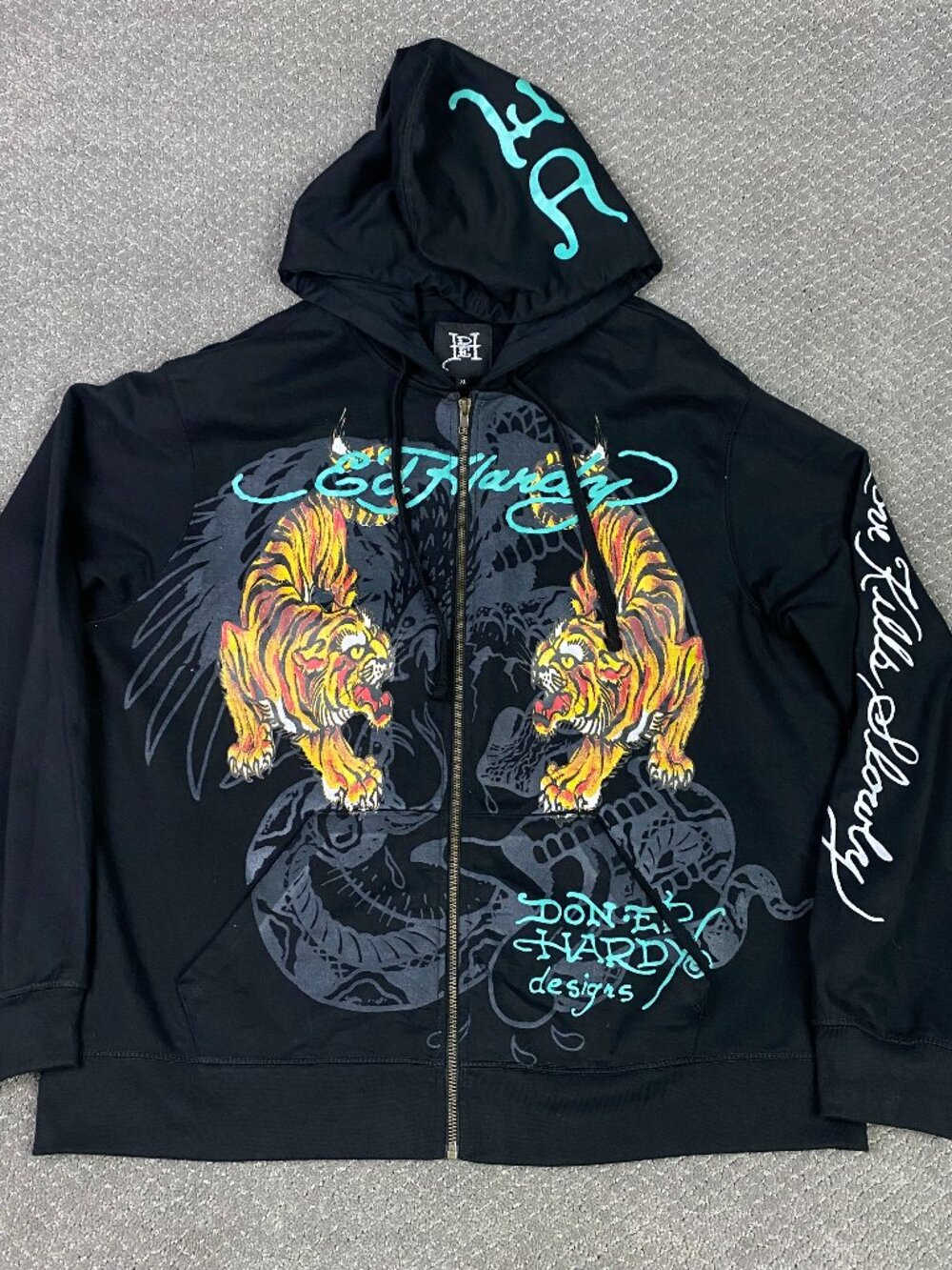 Ed Hardy Zip Hoodie Mens XL Black Tiger Dragon Graphic Love Kills Slowly EHM1301